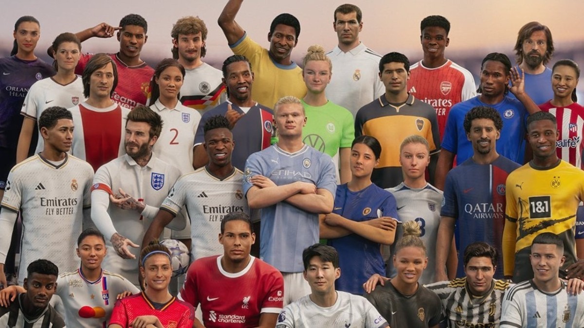 EA Sports FC 24 cover showing a number of famous players from today and the history of soccer